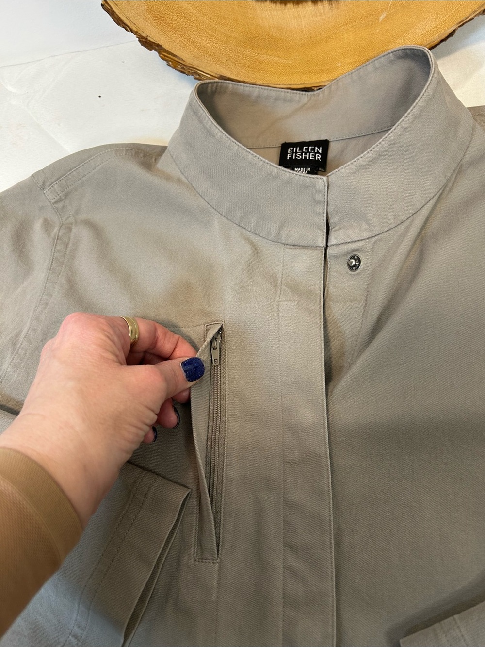 Eileen Fisher Khaki Canvas Shirt Jacket Button Up Mandarin Collar Women’s Large - Picture 5 of 7
